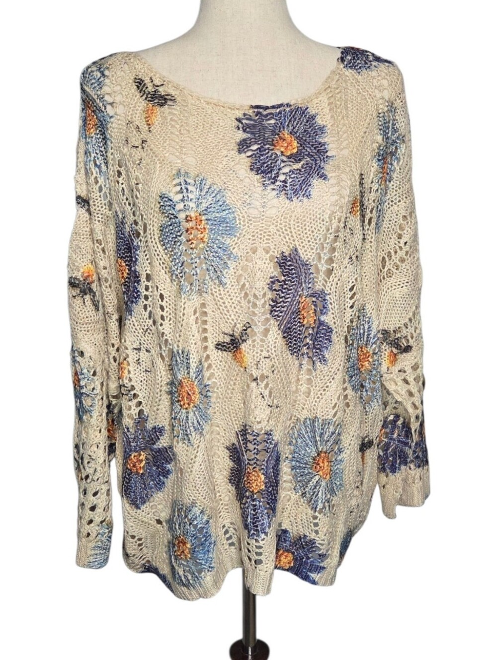Cream Open Knit Sweater Blue Floral Print Oversized Lightweight Boho Summer Top - Picture 2 of 7